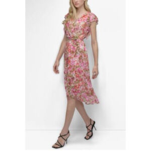 DKNY Dress 10 Pink Floral Fit & Flare Vneck Cocktail Easter Elegant
